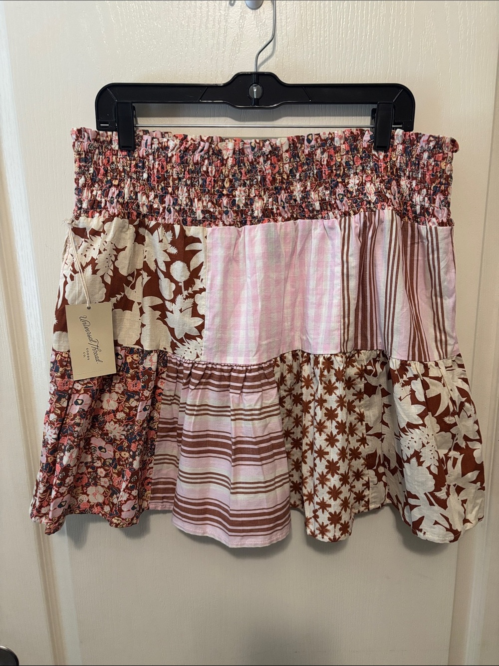 NWT Smocked Patchwork Mini Skirt - Pink & Brown
